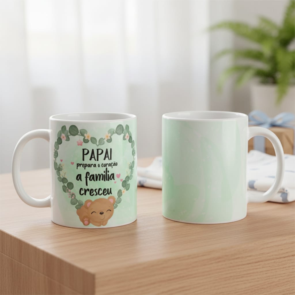 Caneca Gravidez para Papai Prepara o Coração Família Cresceu - Anúncio de Gravidez (Pai)
