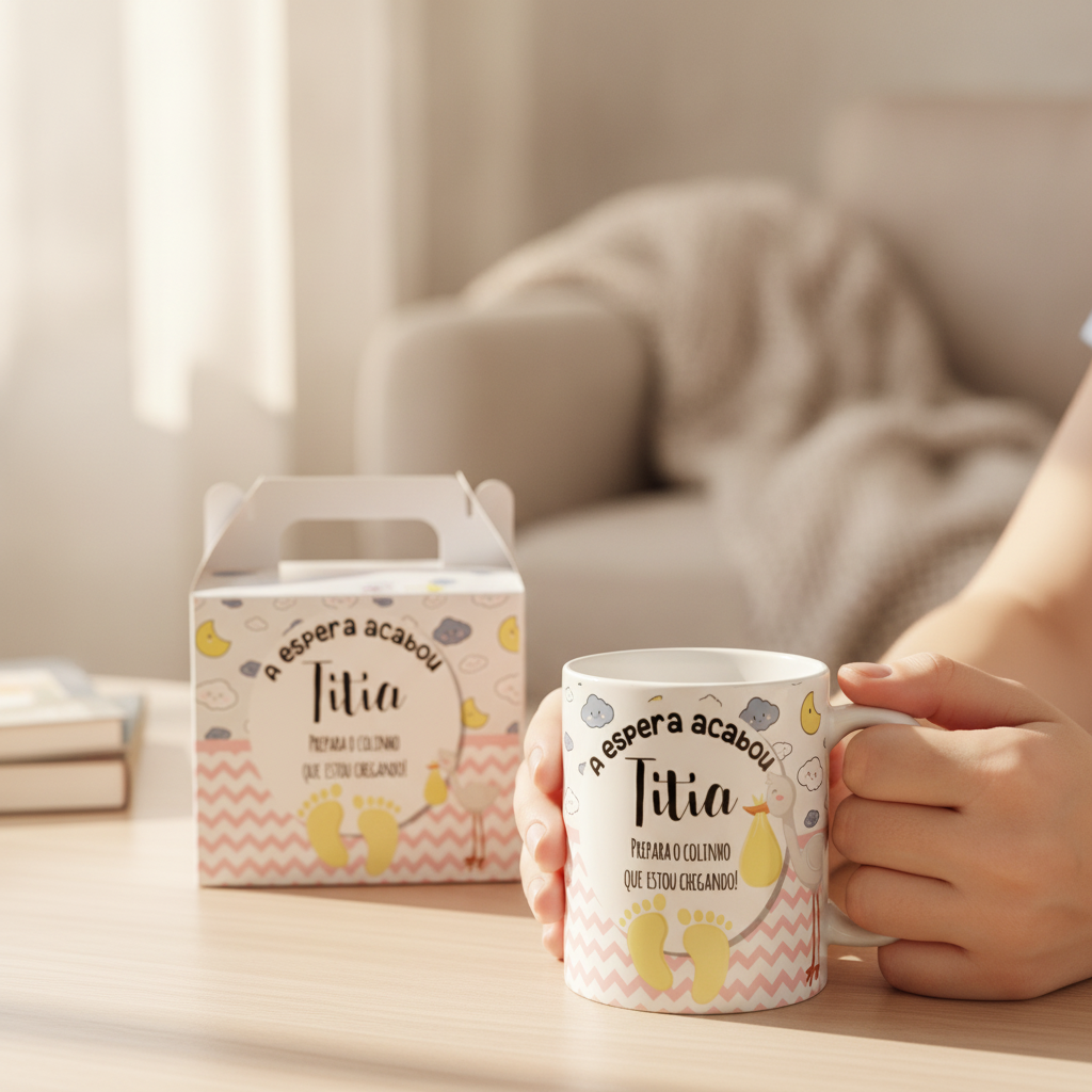 Caneca kit 2 Gravidez Presente Tia Titia Prepara o Colinho
