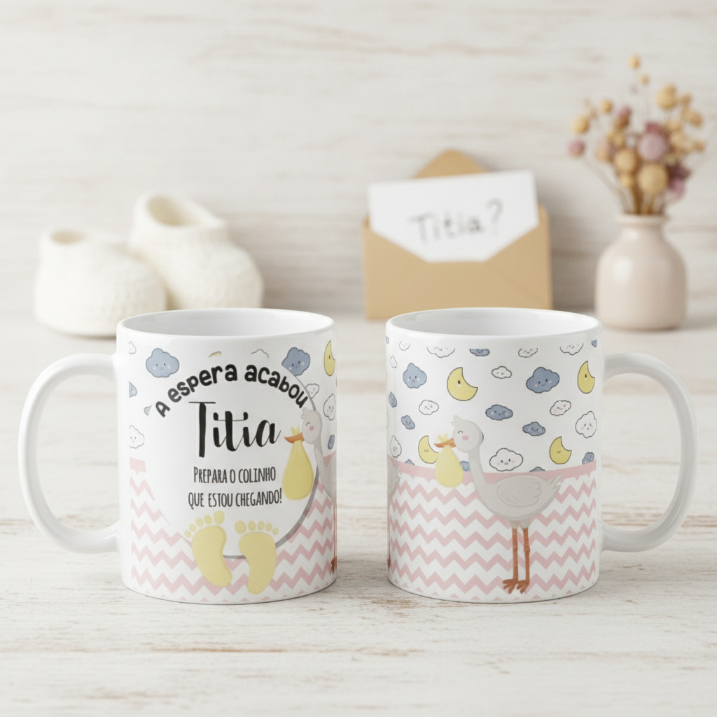 Caneca kit 2 Gravidez Presente Tia Titia Prepara o Colinho