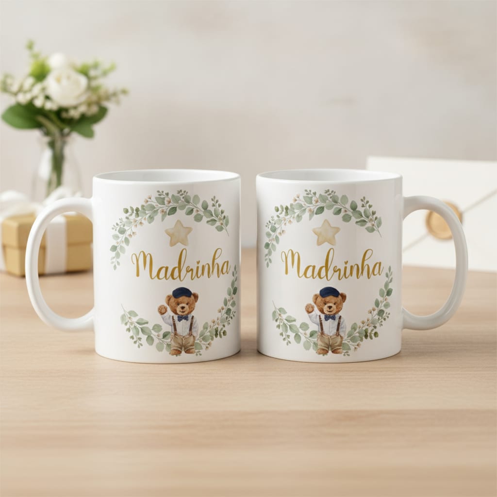 Caneca Madrinha Urso Príncipe Presente Família Cerâmica Pronta Entrega - Família (Madrinha)