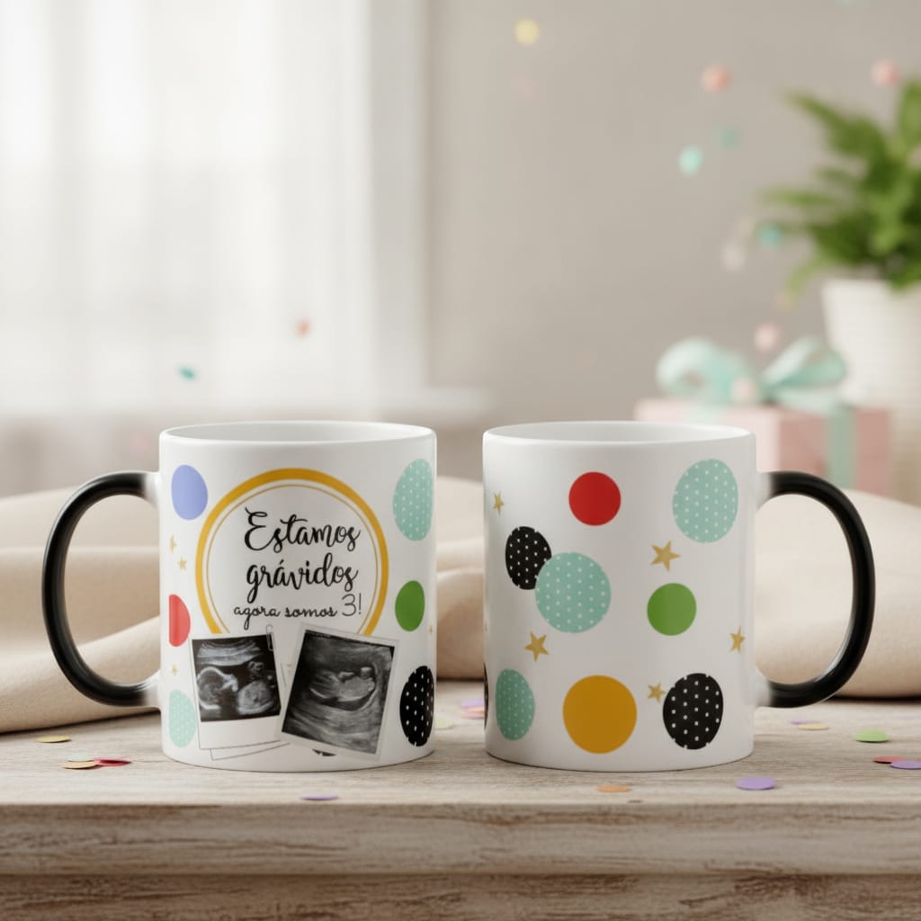 Caneca Mágica Criativa Estamos Gravidos Agora Somos Três - Anúncio de Gravidez (Ultrassom)