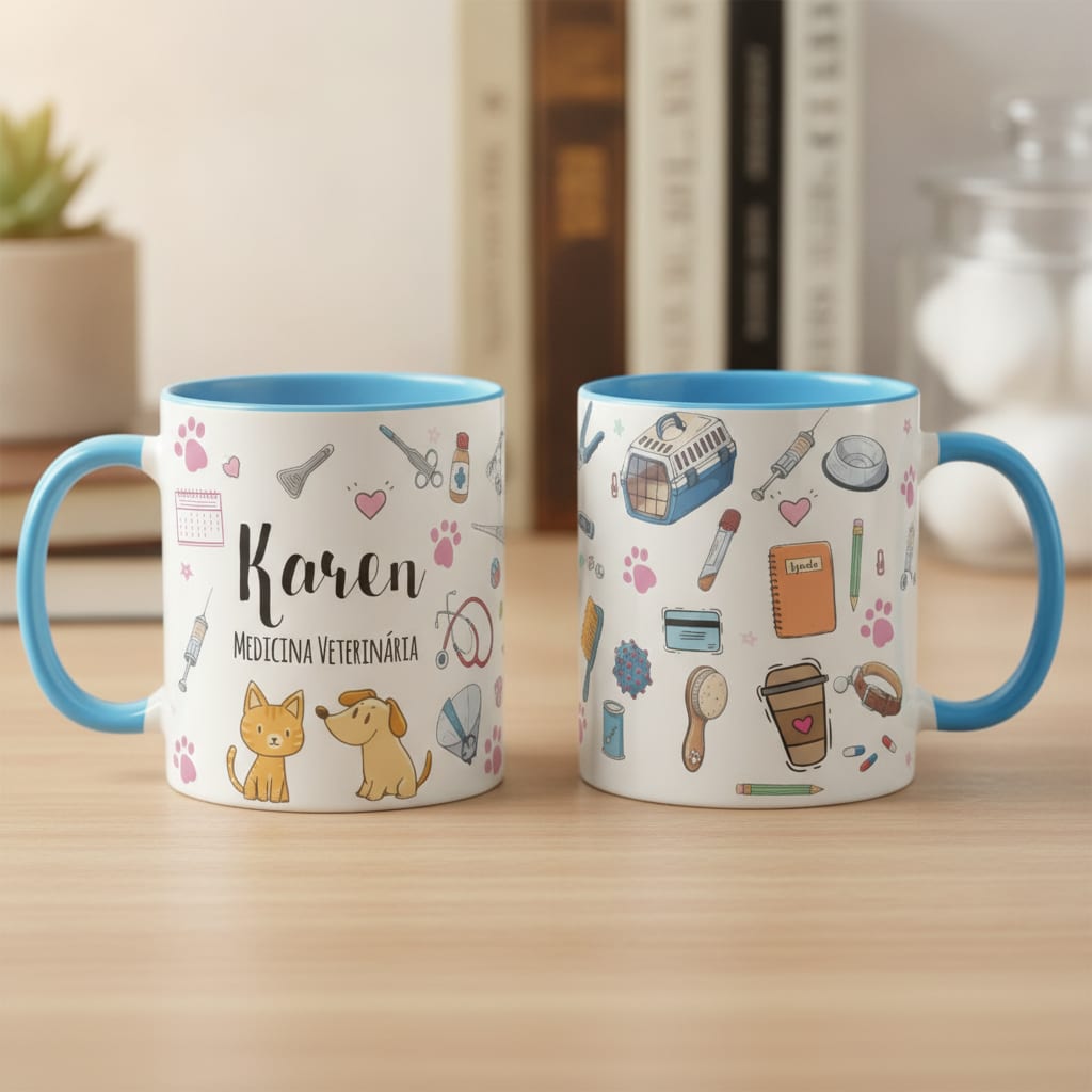 Caneca Medicina Veterinária com Nome (Medicina Veterinária) - Profissões (Veterinário(a))