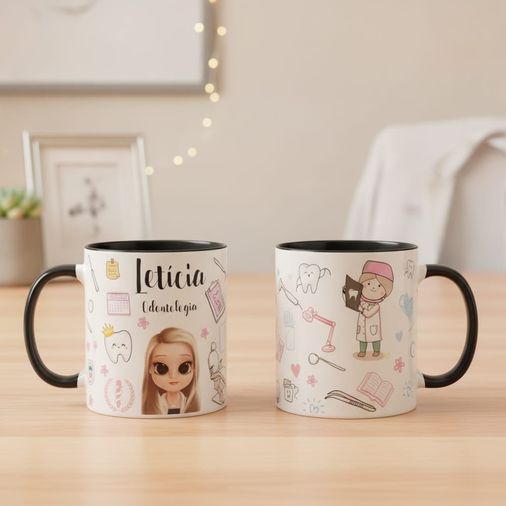 Caneca Odontologia Presente Criativo com Avatar Dentista - Profissões (Dentista)