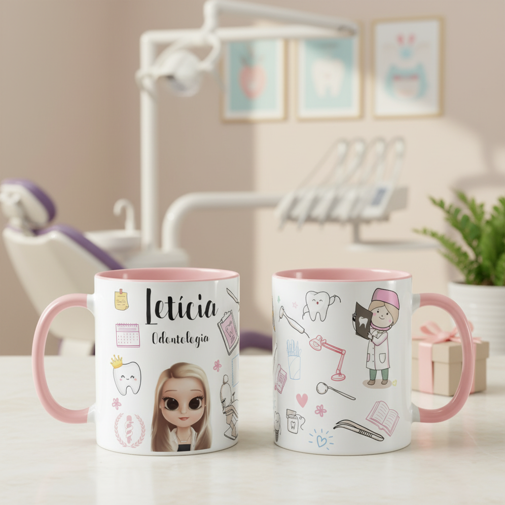 Caneca Odontologia Presente Dentista Profissão com Avatar - Profissões (Dentista)