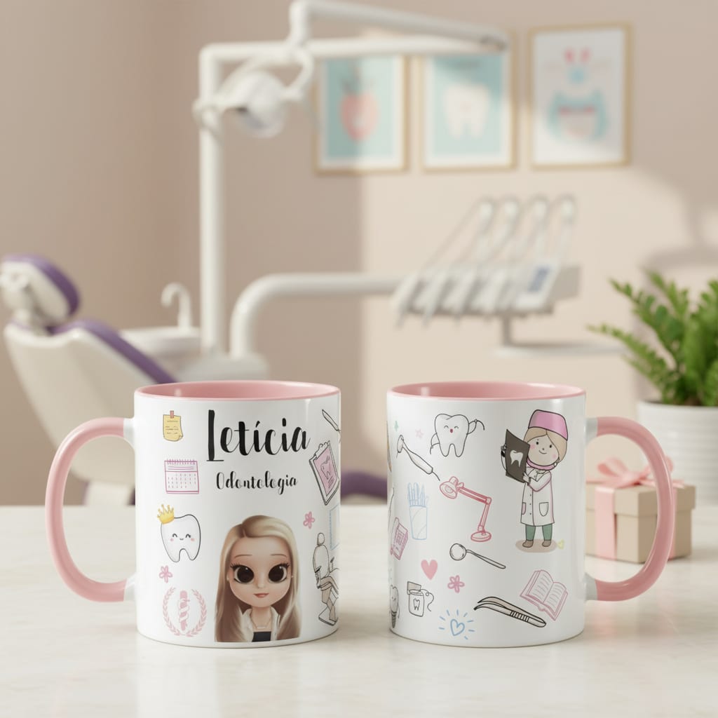 Caneca Odontologia Presente Dentista Profissão com Avatar - Profissões (Dentista)