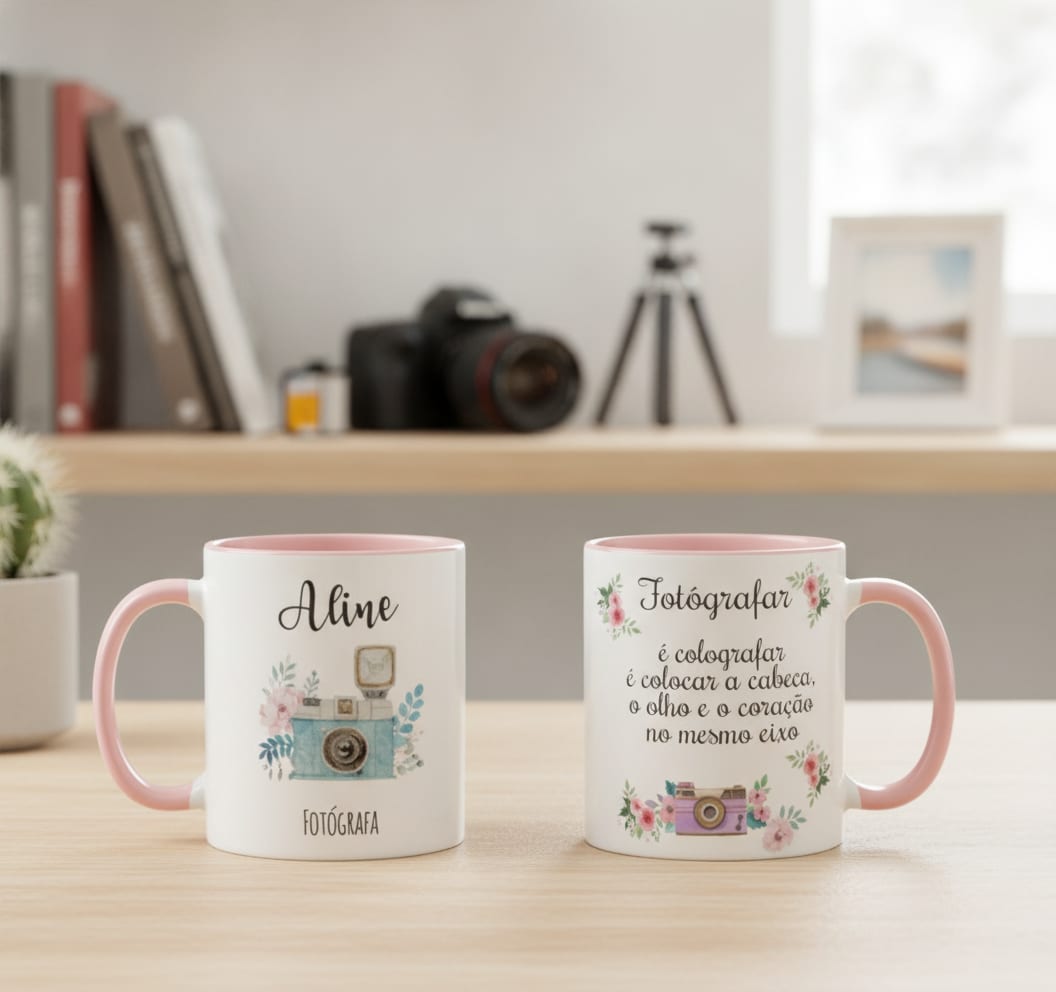 Caneca Para Fotógrafa Personalizada Com Nome Rosa - Profissões (Fotógrafo(a))