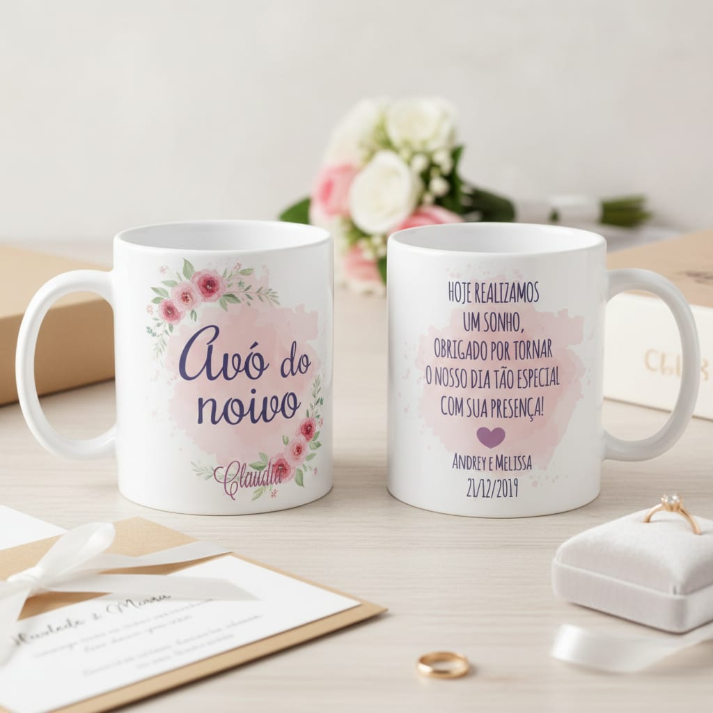 Caneca personalizada avo do noivo casamento floral