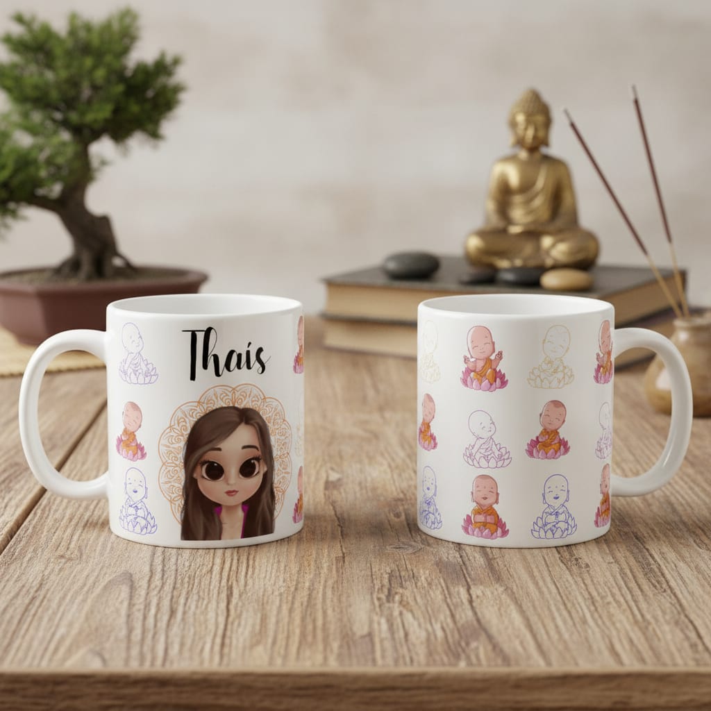 Caneca Personalizada Budista com Budinhas com Nome e Avatar - Hobbies (Budista com Budinhas com avatar e nome)