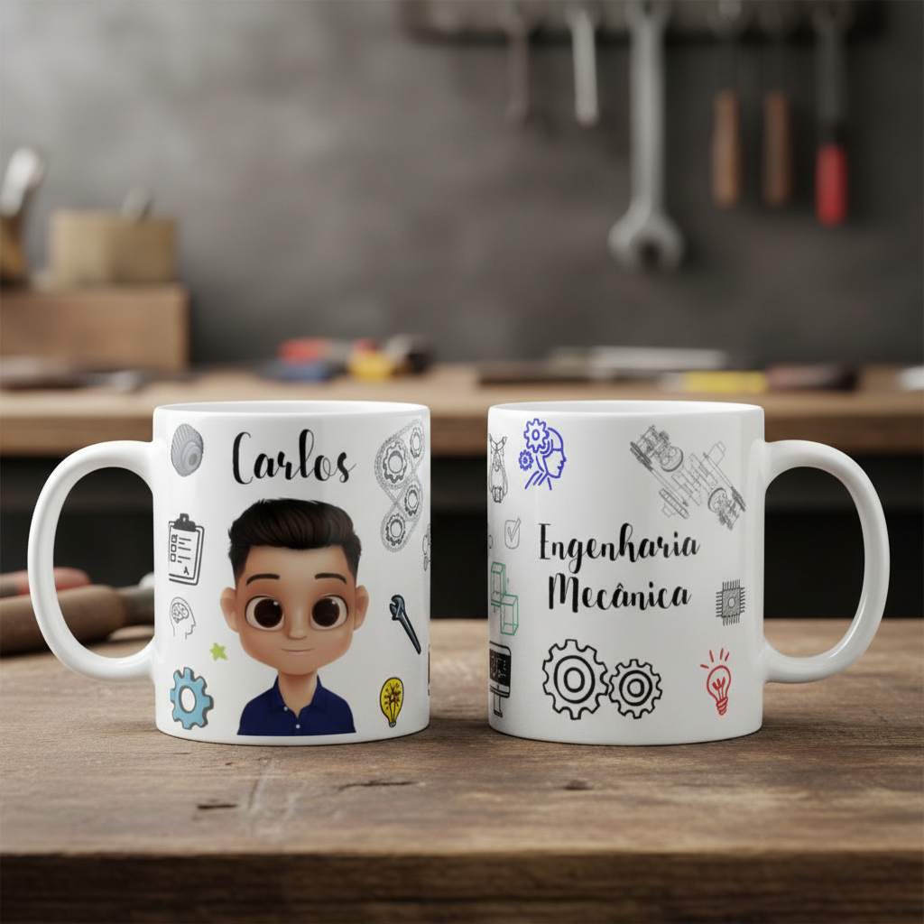 Caneca Personalizada com o Nome e Avatar Engenharia Mecânica - Profissões (Engenheiro(a))