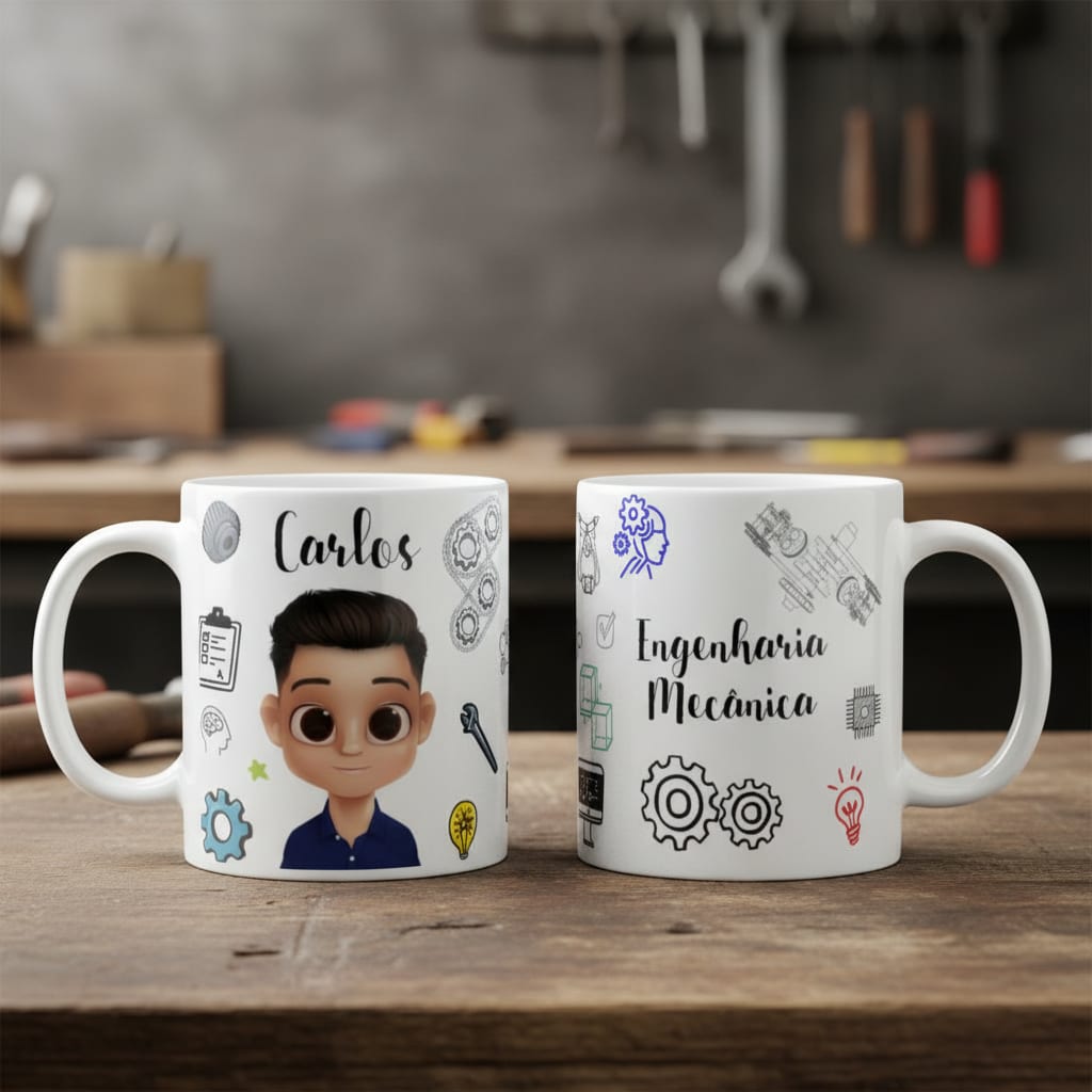 Caneca Personalizada com o Nome e Avatar Engenharia Mecânica - Profissões (Engenheiro(a))