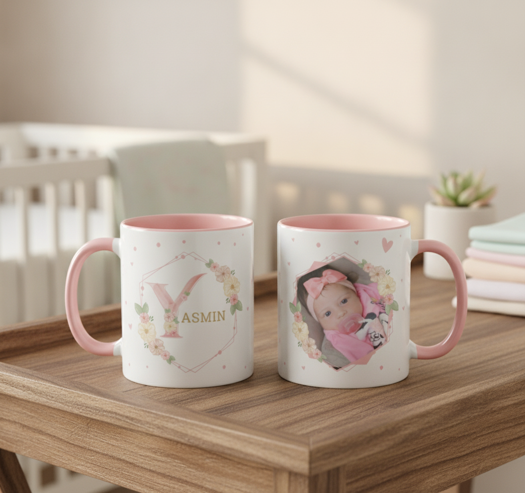 Caneca Personalizada Feminina Presente com Foto Nome Mulher - Outros (Letra Delicada Floral L com foto)