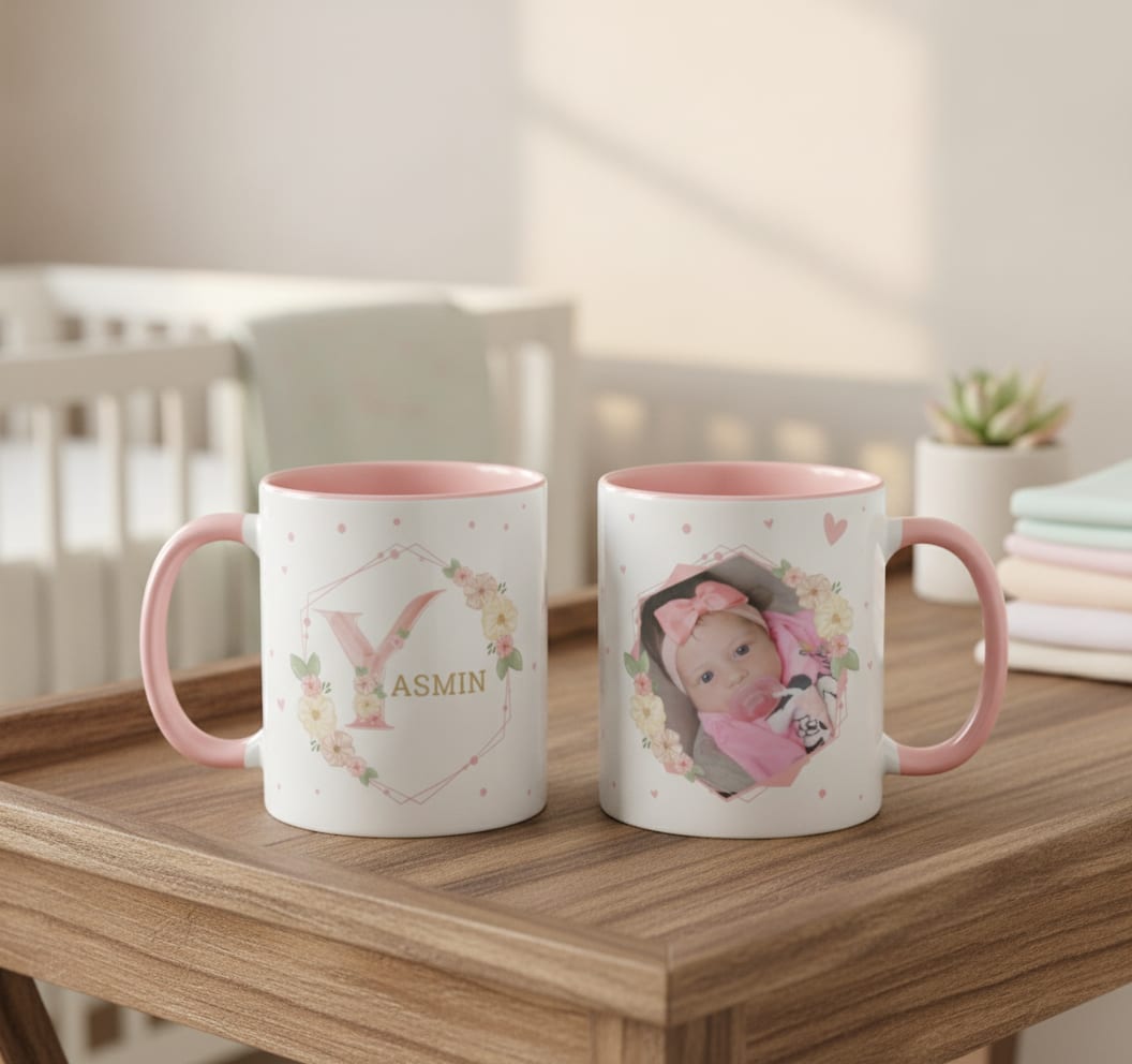 Caneca Personalizada Feminina Presente com Foto Nome Mulher - Outros (Letra Delicada Floral L com foto)