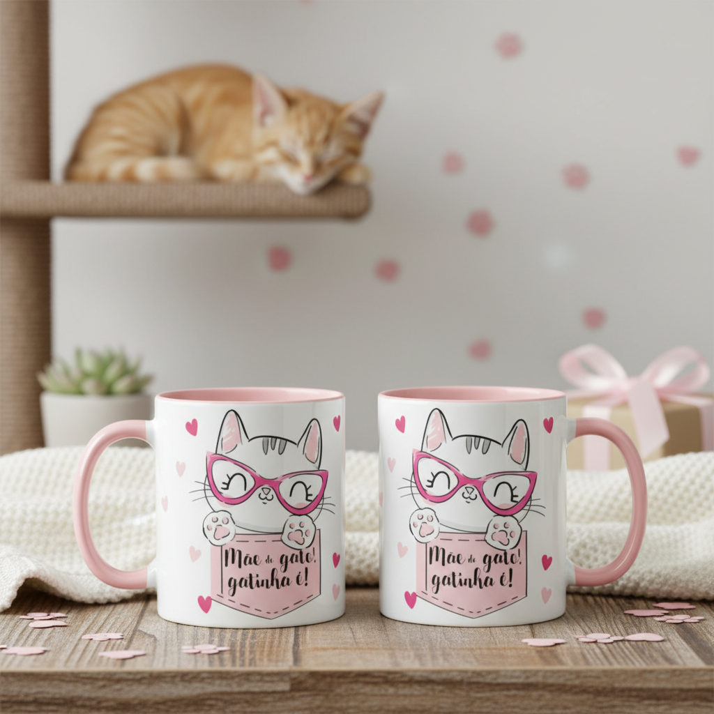 Caneca Mãe de Gato Gatinha Pronta Entrega Presente Pet Rosa Fofa - Pet (Mãe de Gato)