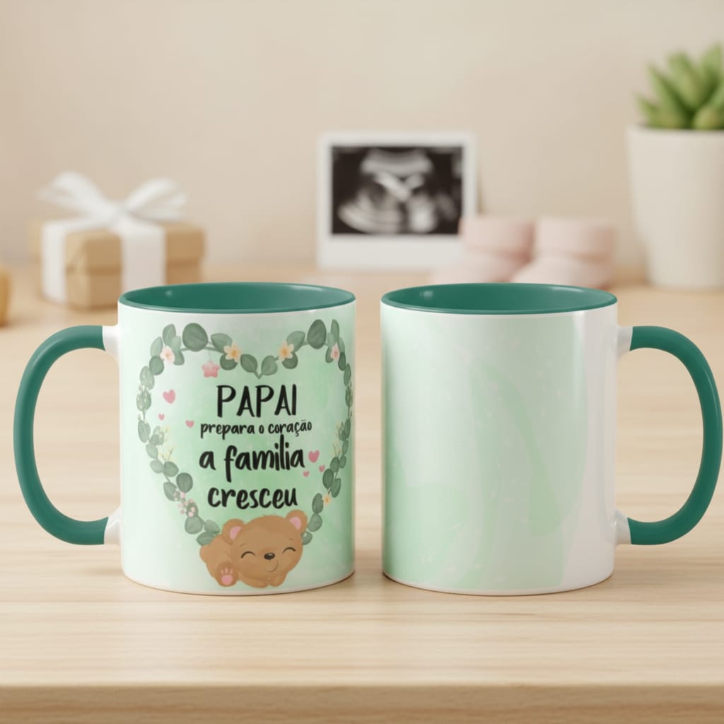 Caneca Personalizada Papai Prepara o Coração Familia Cresceu - Anúncio de Gravidez (Casal)