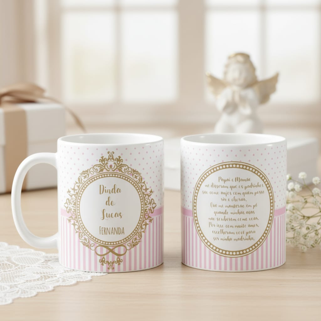 Caneca Presente Batizado Madrinha Dinda Brasão com Nomes - Batizado (Madrinha)