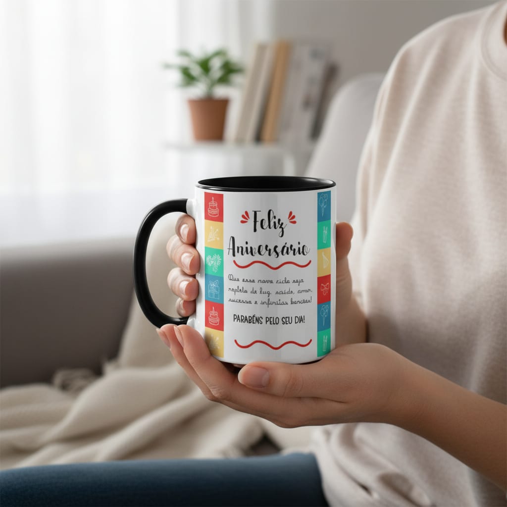 Caneca Presente Feliz Aniversário Personalizada com Frase