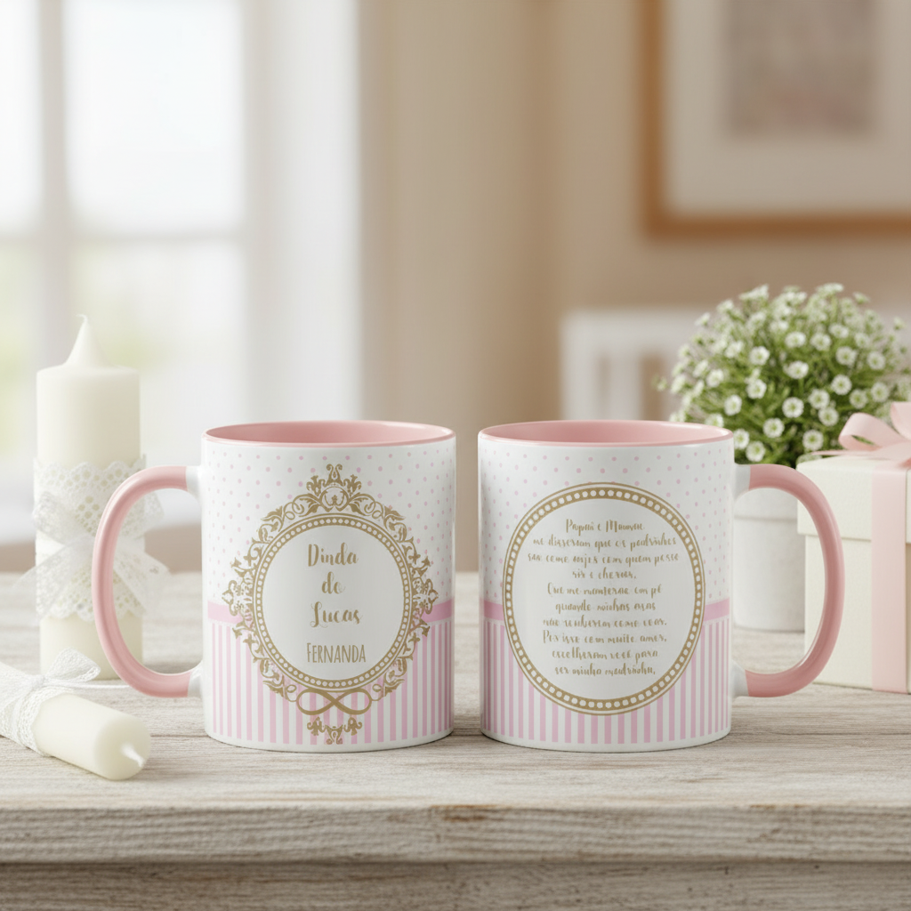 Caneca Presente Madrinha Dinda Batizado Crisma Brasão Nomes - Batizado (Madrinha)