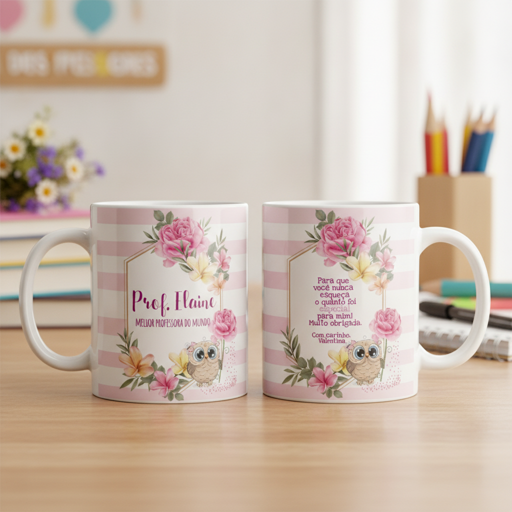 Caneca Professora Feliz Dia Do Professor Floral Com Carinho - Dia dos Professores (Professor(a))
