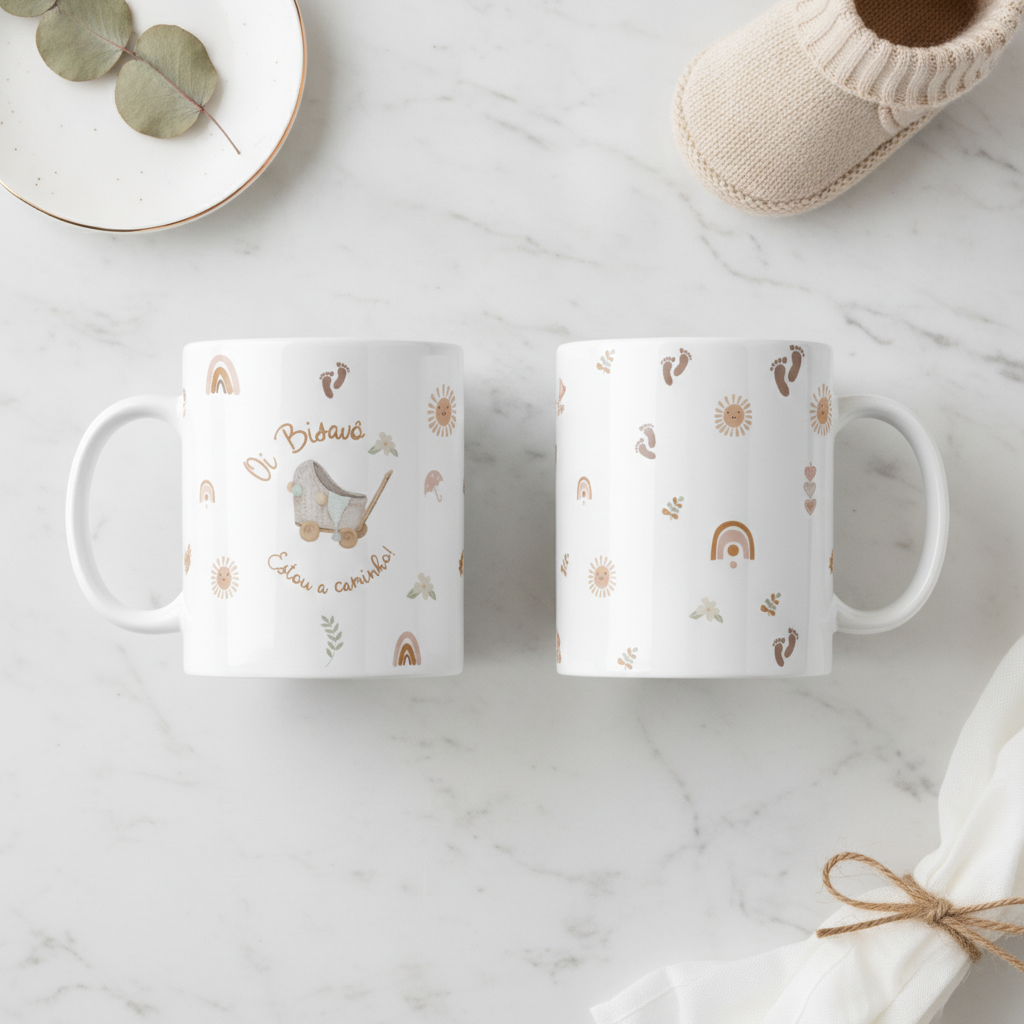 Caneca Revelação Grávidez Biso Boho Estou a Caminho Bisavô - Anúncio de Gravidez (Bisavô)
