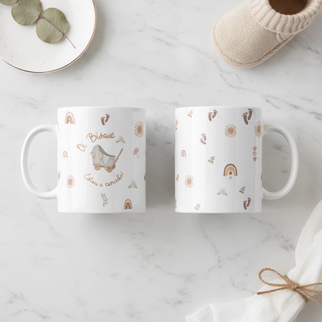 Caneca Revelação Grávidez Biso Boho Estou a Caminho Bisavô - Anúncio de Gravidez (Bisavô)