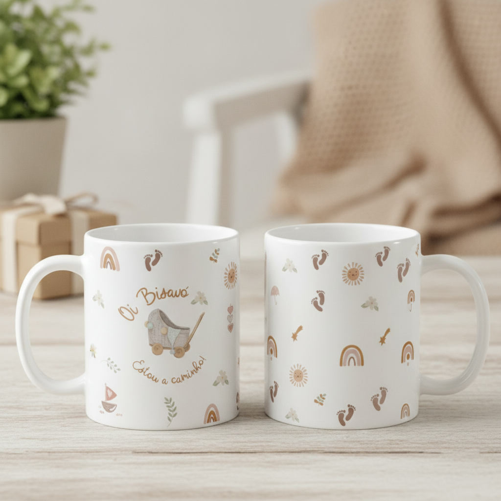 Caneca Revelação Grávidez Boho Estou a Caminho Bisavó - Família (Bisavó)