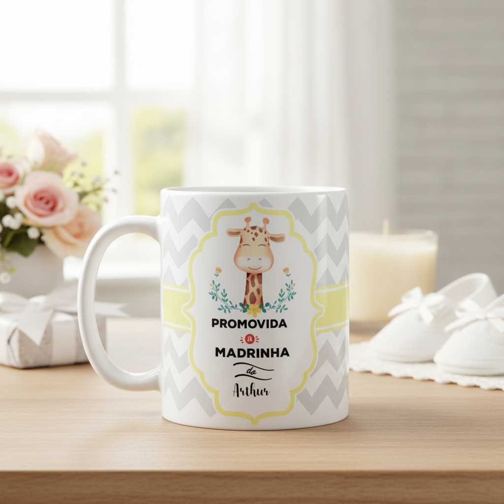 Caneca Selva Presente Madrinha de Batismo Convite Girafa