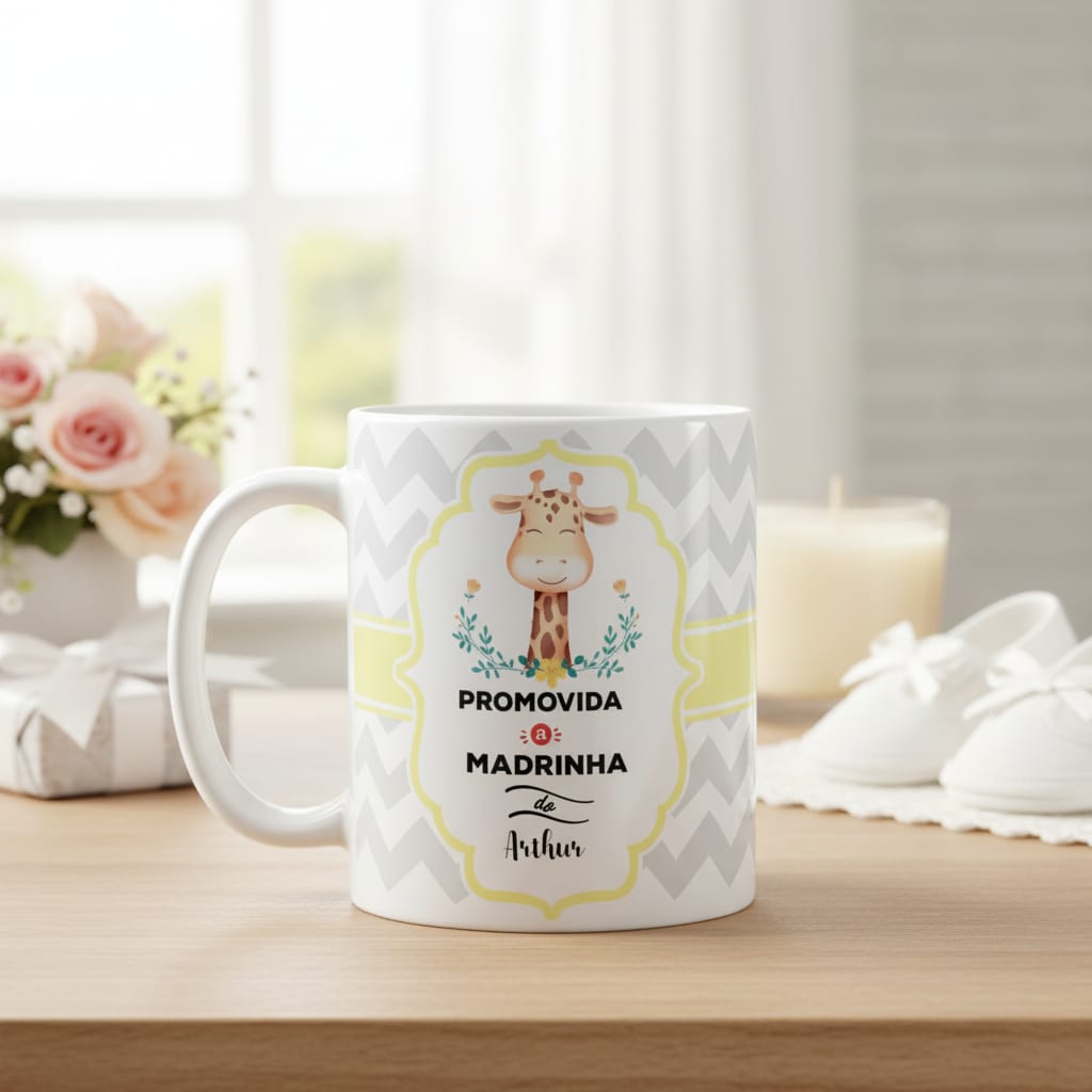 Caneca Selva Presente Madrinha de Batismo Convite Girafa