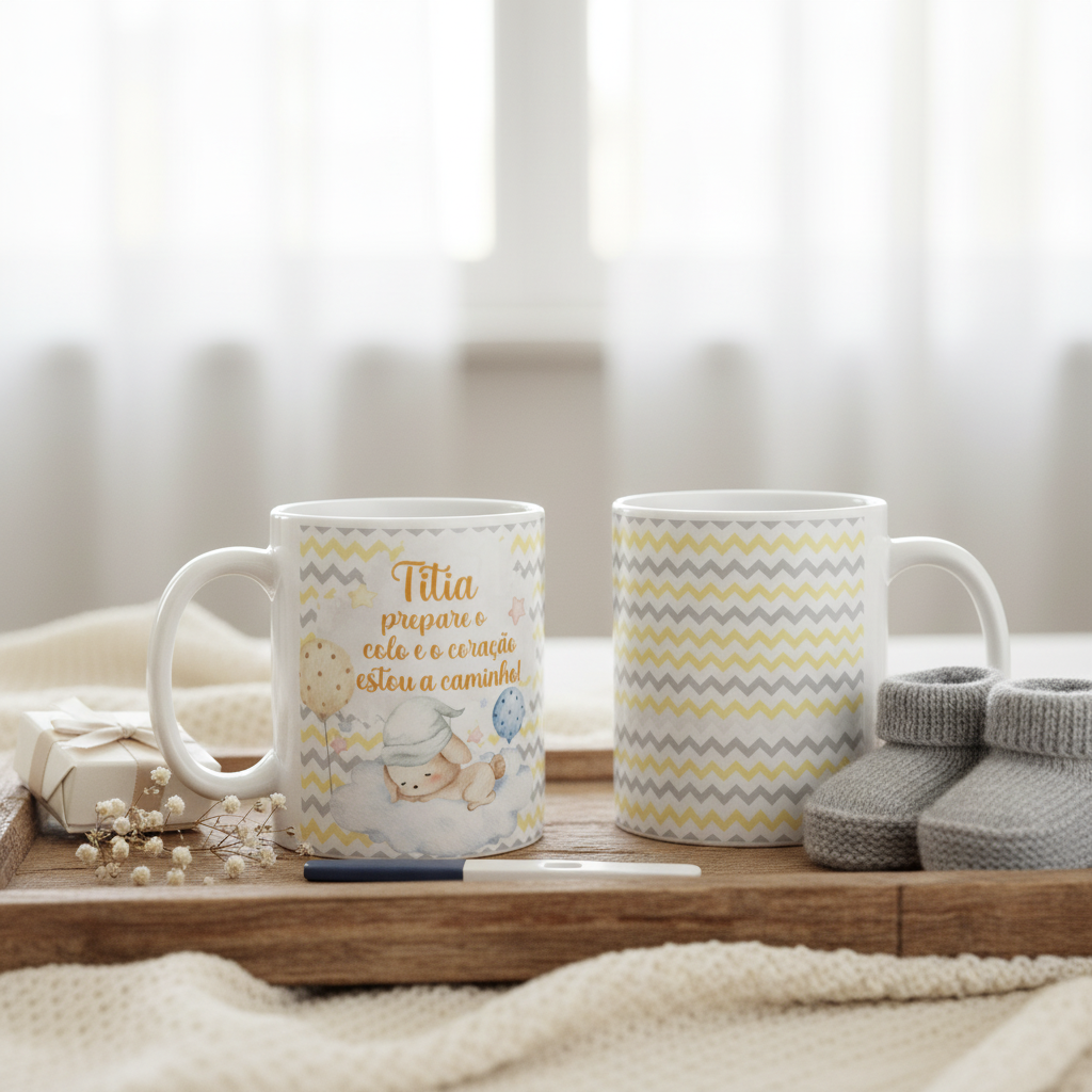 Caneca Surpresa Gravidez Grávida Tia Titia Estou a Caminho - Anúncio de Gravidez (Tia)