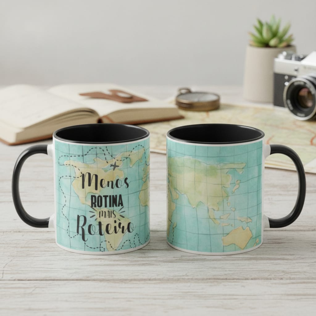 Caneca Viajantes Frase Viagem Menos Rotina Mais Roteiro - Hobbies (Viajante)