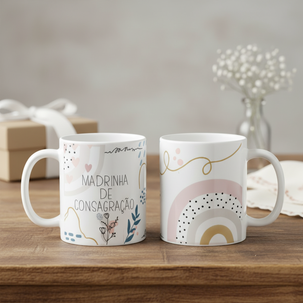 Canecas Cerâmica Madrinha Consagração Minimalista Delicada - Batizado (Madrinha)