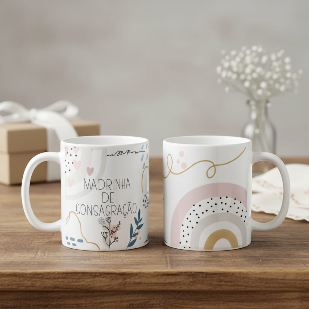 Canecas Cerâmica Madrinha Consagração Minimalista Delicada - Batizado (Madrinha)