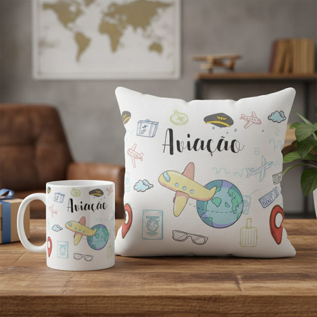 Conjunto Almofada Decorativa e Caneca Aviação - Profissões (Piloto)