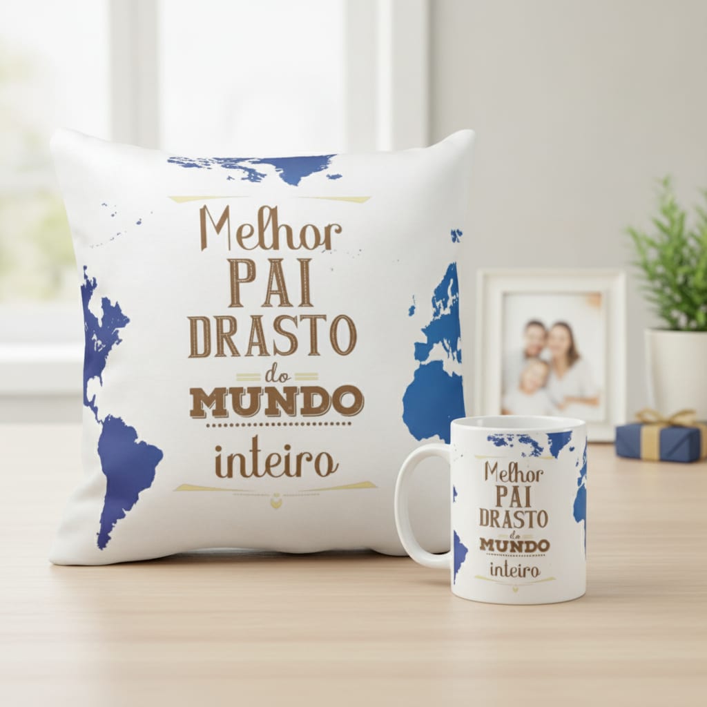 Conjunto Almofada Decorativa e Caneca Especial para Padrasto - Família (Padrasto)