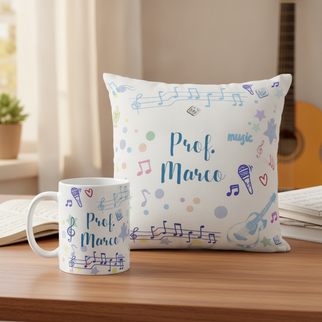 Conjunto Almofada Decorativa e Caneca Personalizada Musico - Profissões (Professor(a))