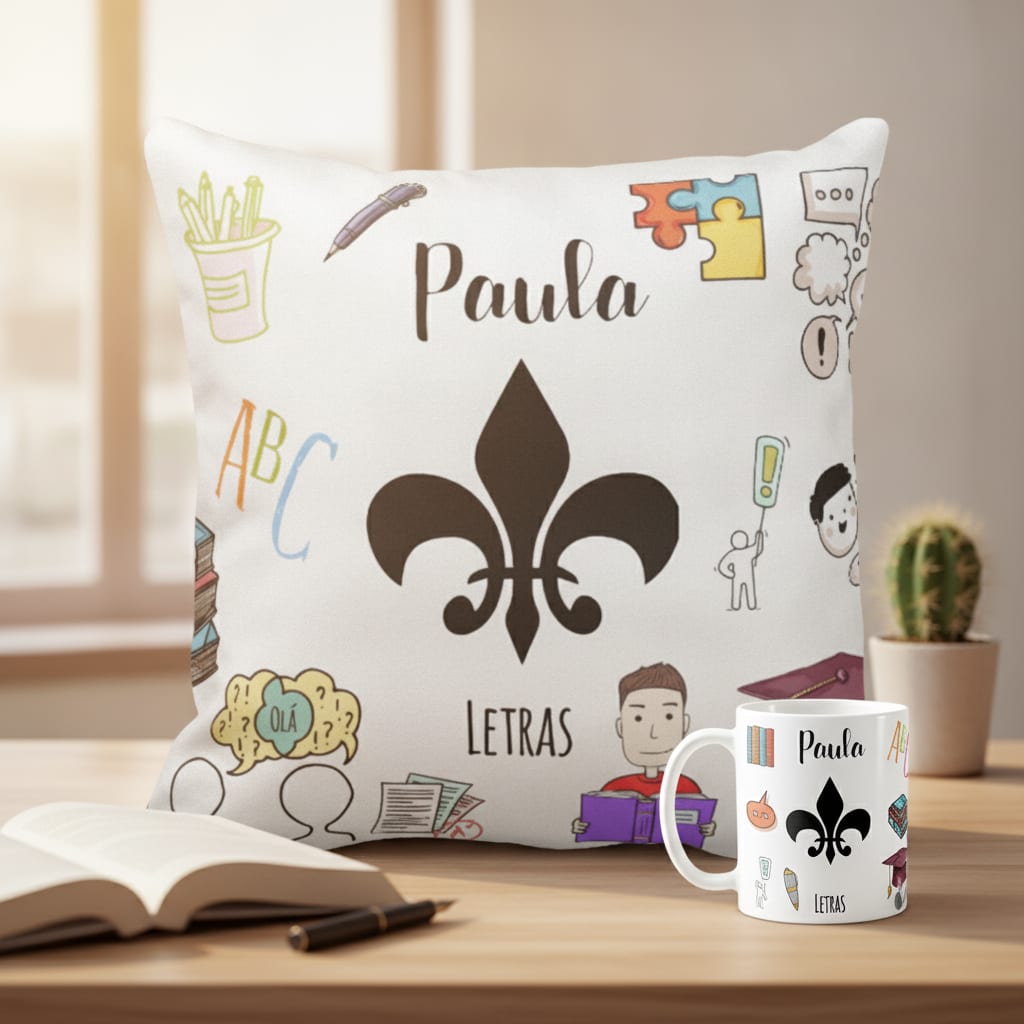 Conjunto Almofada Decorativa E Caneca Profissão Letras Branco Portugues - Dia dos Professores (Português)
