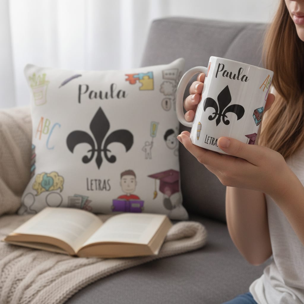 Conjunto Almofada Decorativa E Caneca Profissão Letras Branco Portugues