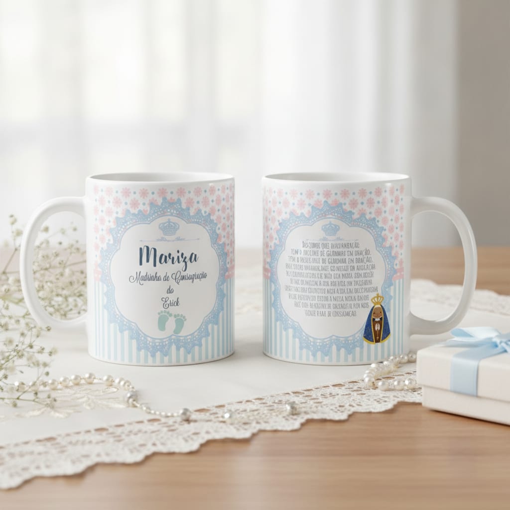 Conjunto Almofada e Caneca Madrinha de Consagração Batizado