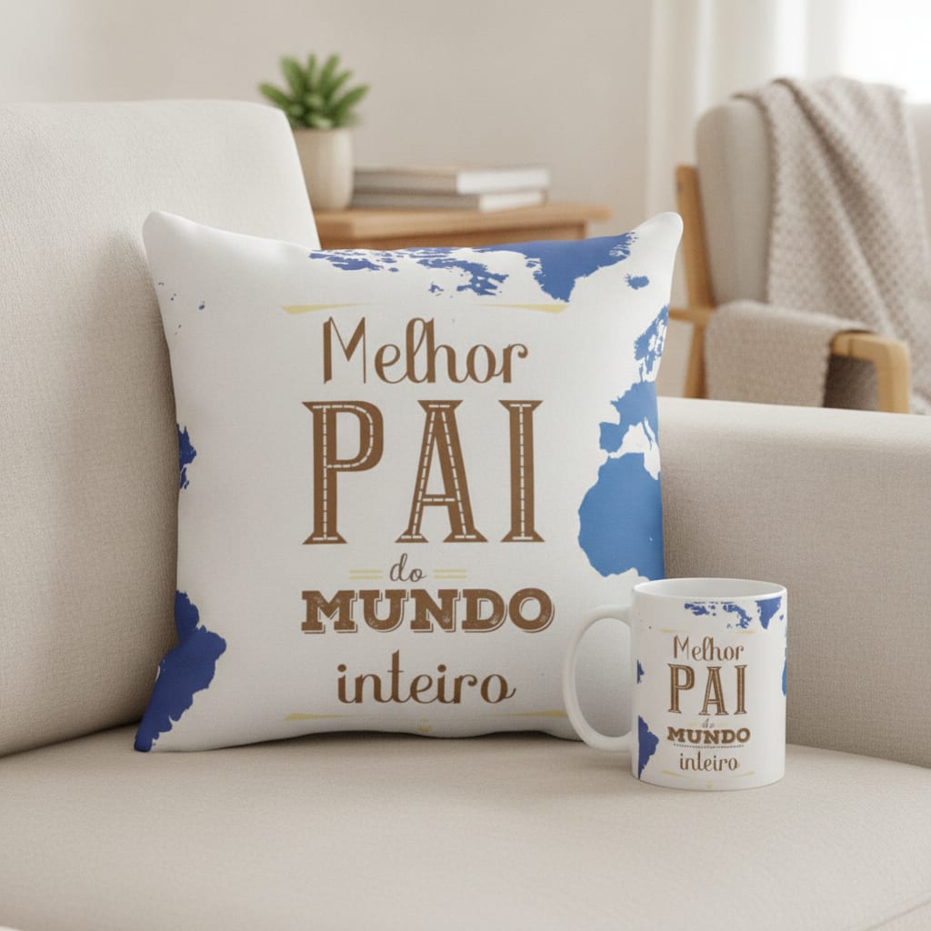 Conjunto Caneca e Almofada para Melhor Pai do Mundo Inteiro - Família (Pai)