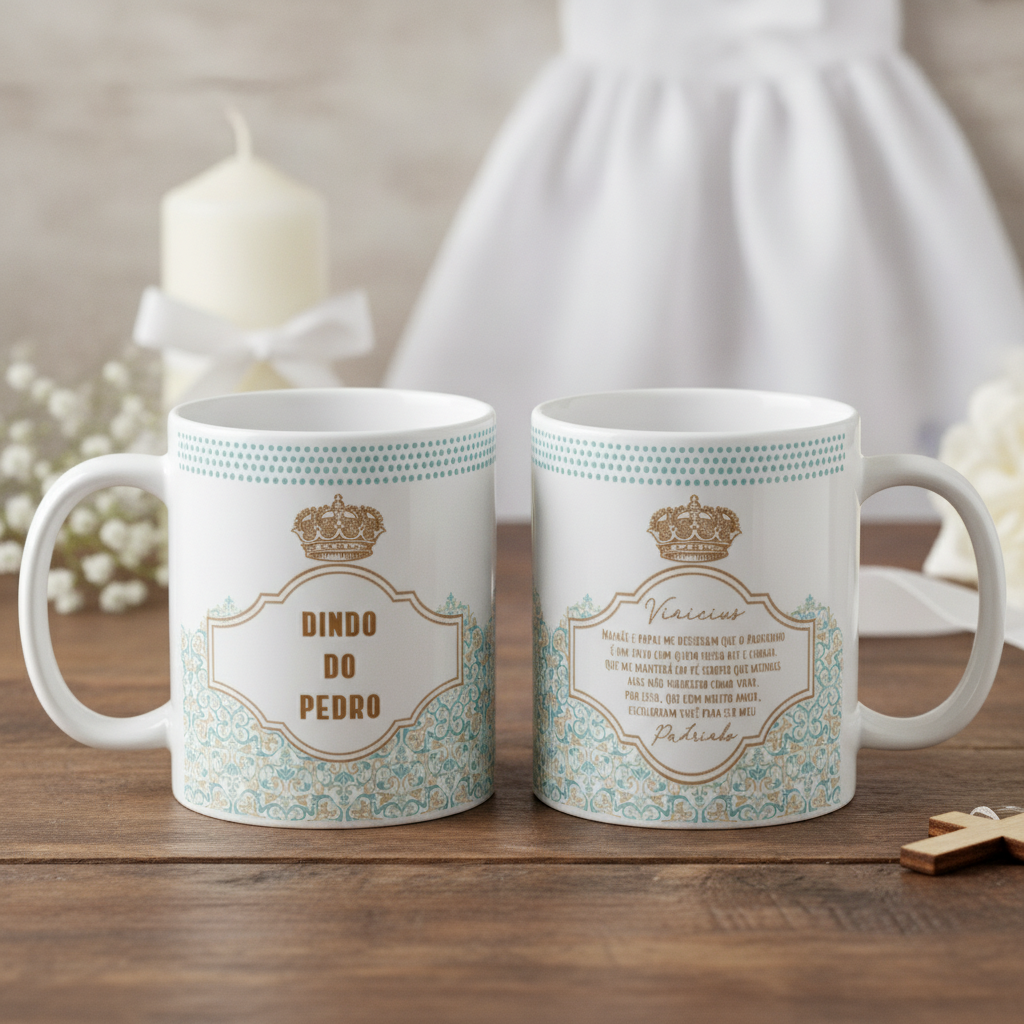 Conjunto Canecas Batizado Promovido a Dinda e Dindo com Nome