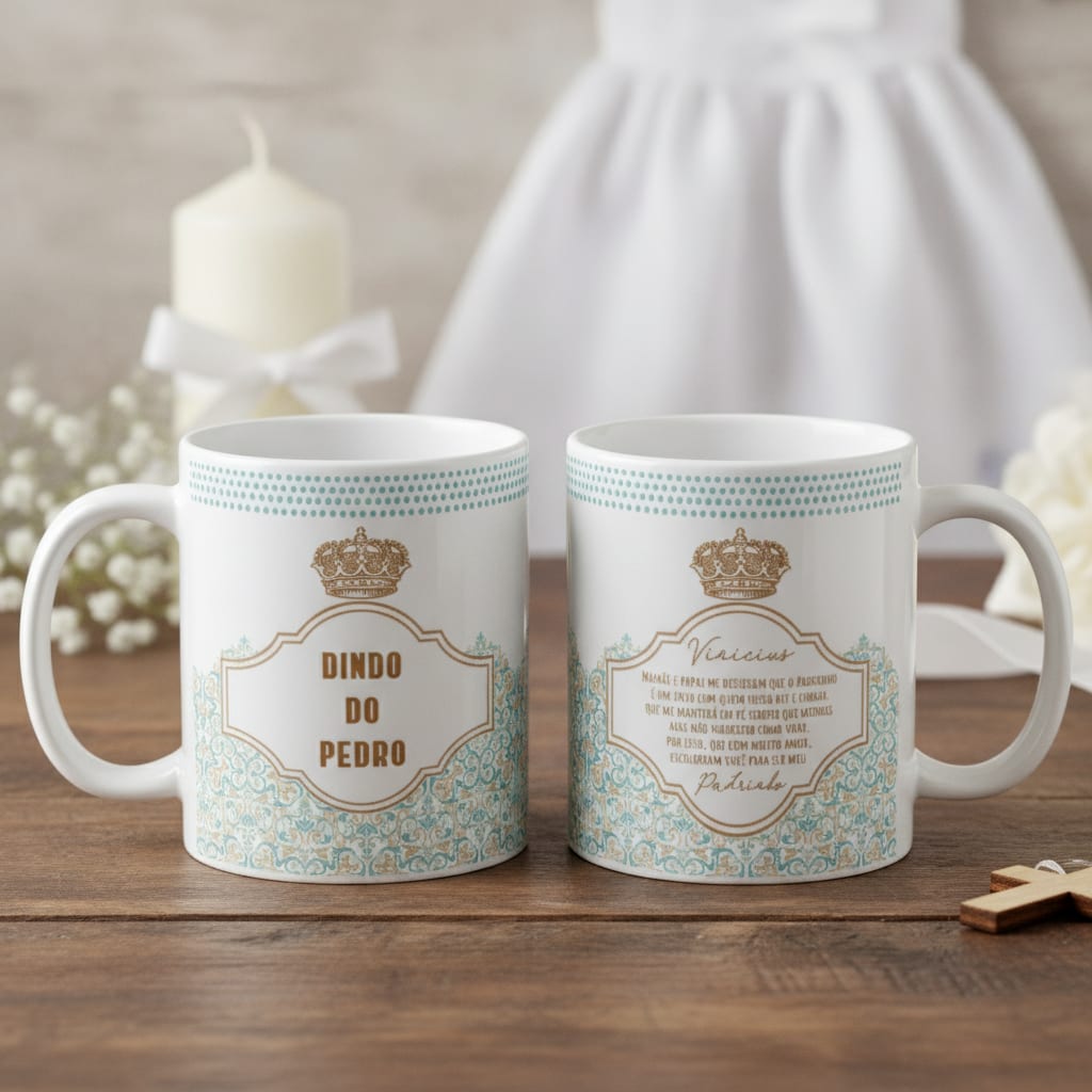 Conjunto Canecas Batizado Promovido a Dinda e Dindo com Nome