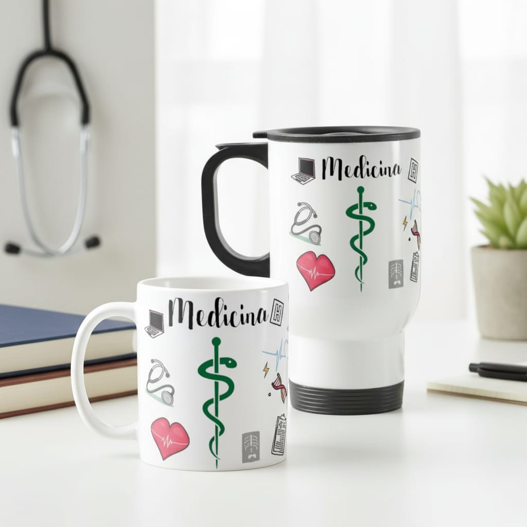 Conjunto Copo Térmico e Caneca Personalizada Medicina - Profissões (Médico(a))
