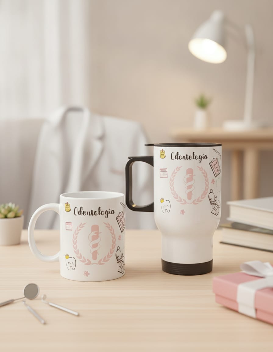 Conjunto Copo Térmico e Caneca Personalizada Odontologia - Profissões (Dentista)