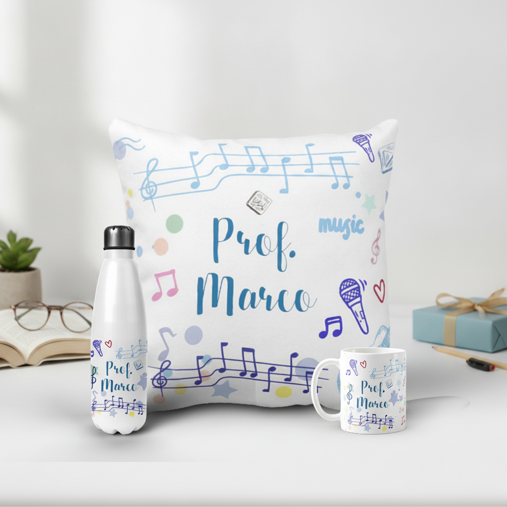 Conjunto Garrafa Térmica Caneca e Almofada Músico - Profissões (Professor(a))