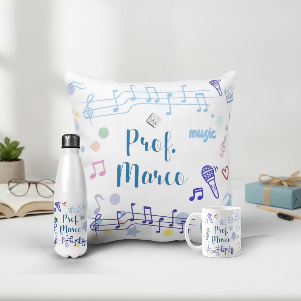 Conjunto Garrafa Térmica Caneca e Almofada Músico - Profissões (Professor(a))