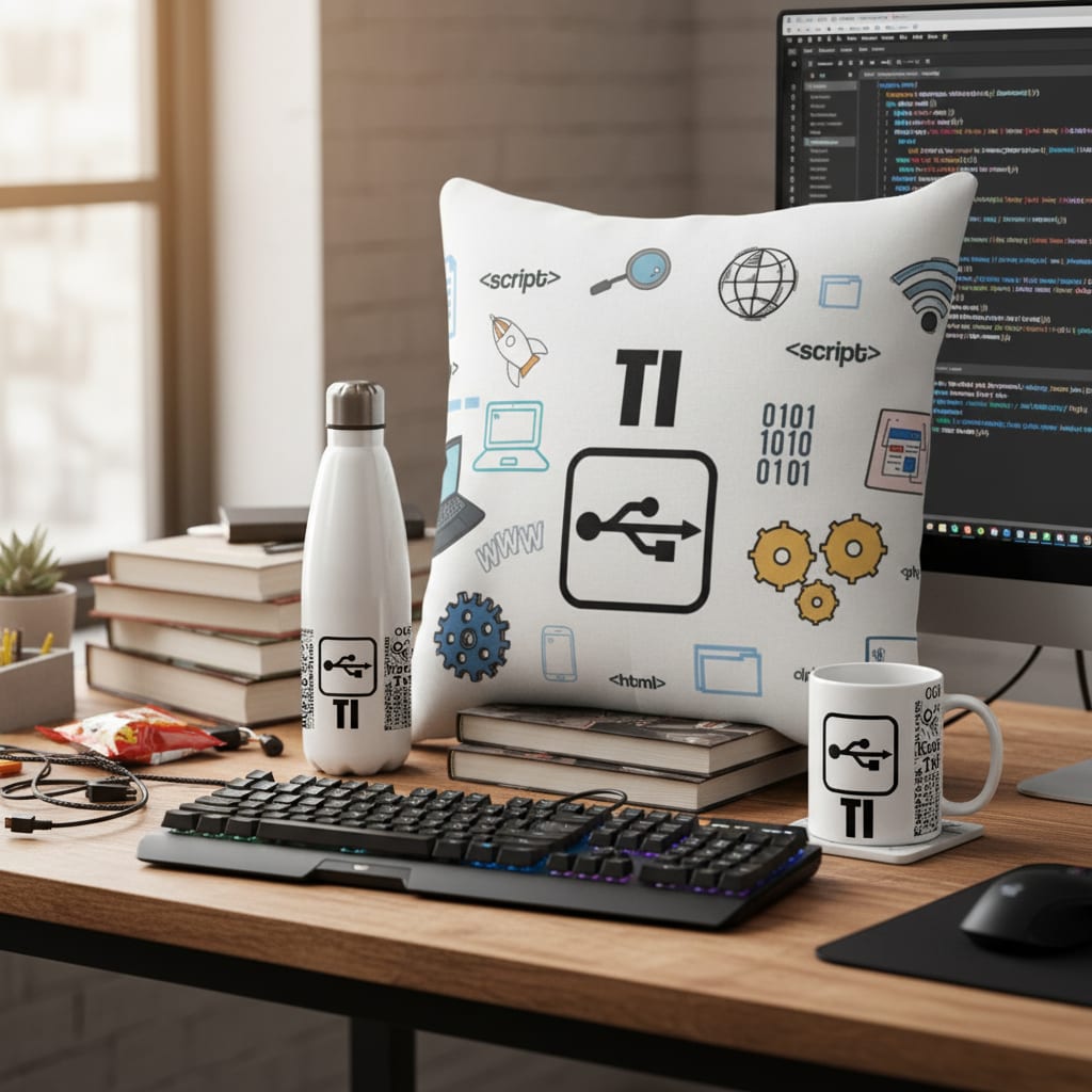 Conjunto Garrafa Térmica Caneca e Almofada Tecnologia TI