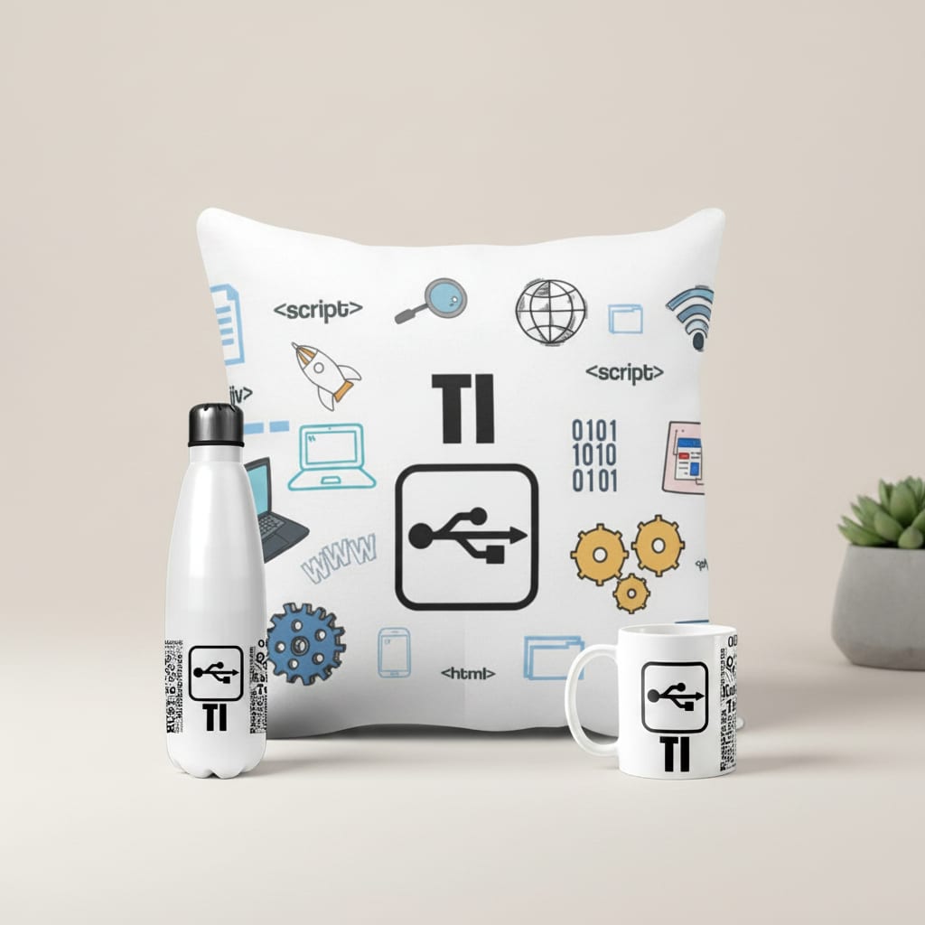 Conjunto Garrafa Térmica Caneca e Almofada Tecnologia TI - Profissões (Programador(a))