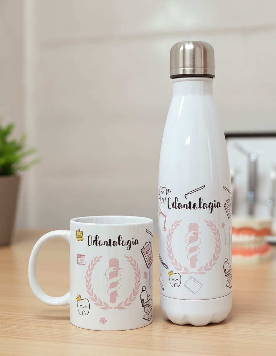 Conjunto Garrafa Térmica e Caneca Personalizada Odontologia - Profissões (Dentista)