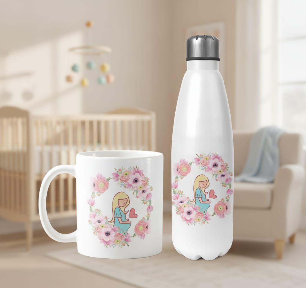 Conjunto Garrafa Térmica e Caneca Personalizada para Grávida - Família (Mãe)