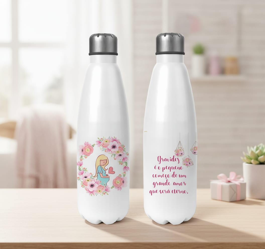 Conjunto Garrafa Térmica e Caneca Personalizada para Grávida