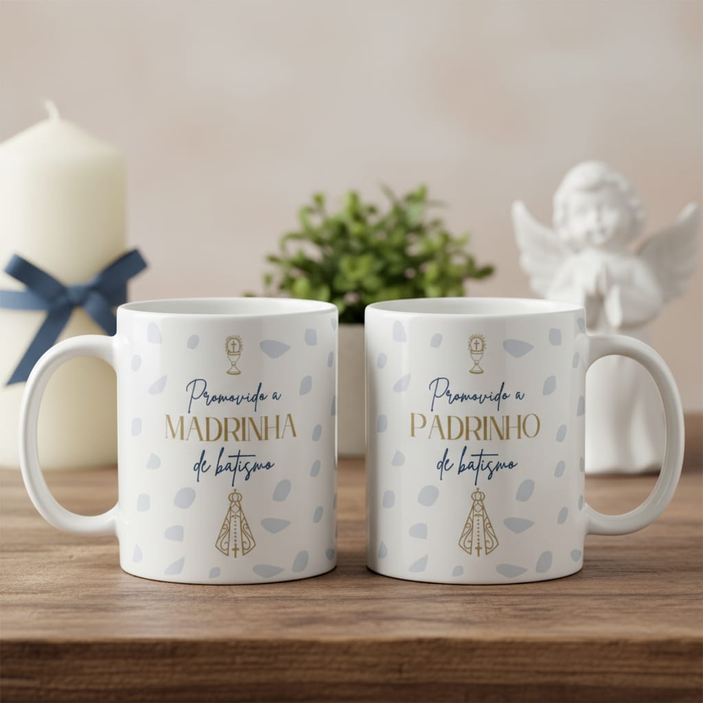 Kit 2 Canecas Cerâmica Padrinhos Batismo Agradecimento Mimo